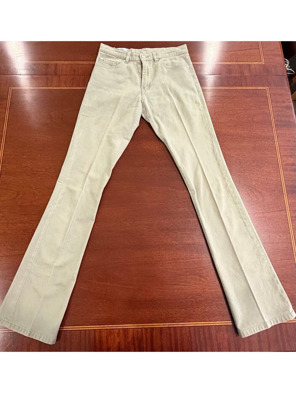 Lacoste Womans 36 Khaki Flare Bootcut 5 Pocket Pants Tan Cotton Jeans Y2K